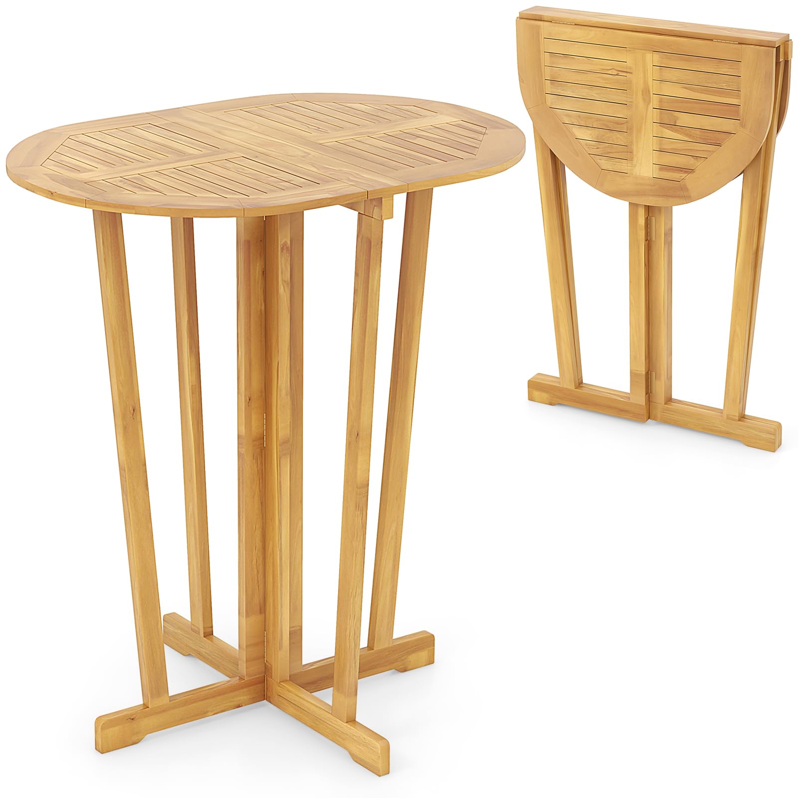 Table de bar pliable d'extérieur Tangkula, table de bistrot haute en bois de teck avec plateau ovale et piètement croisé